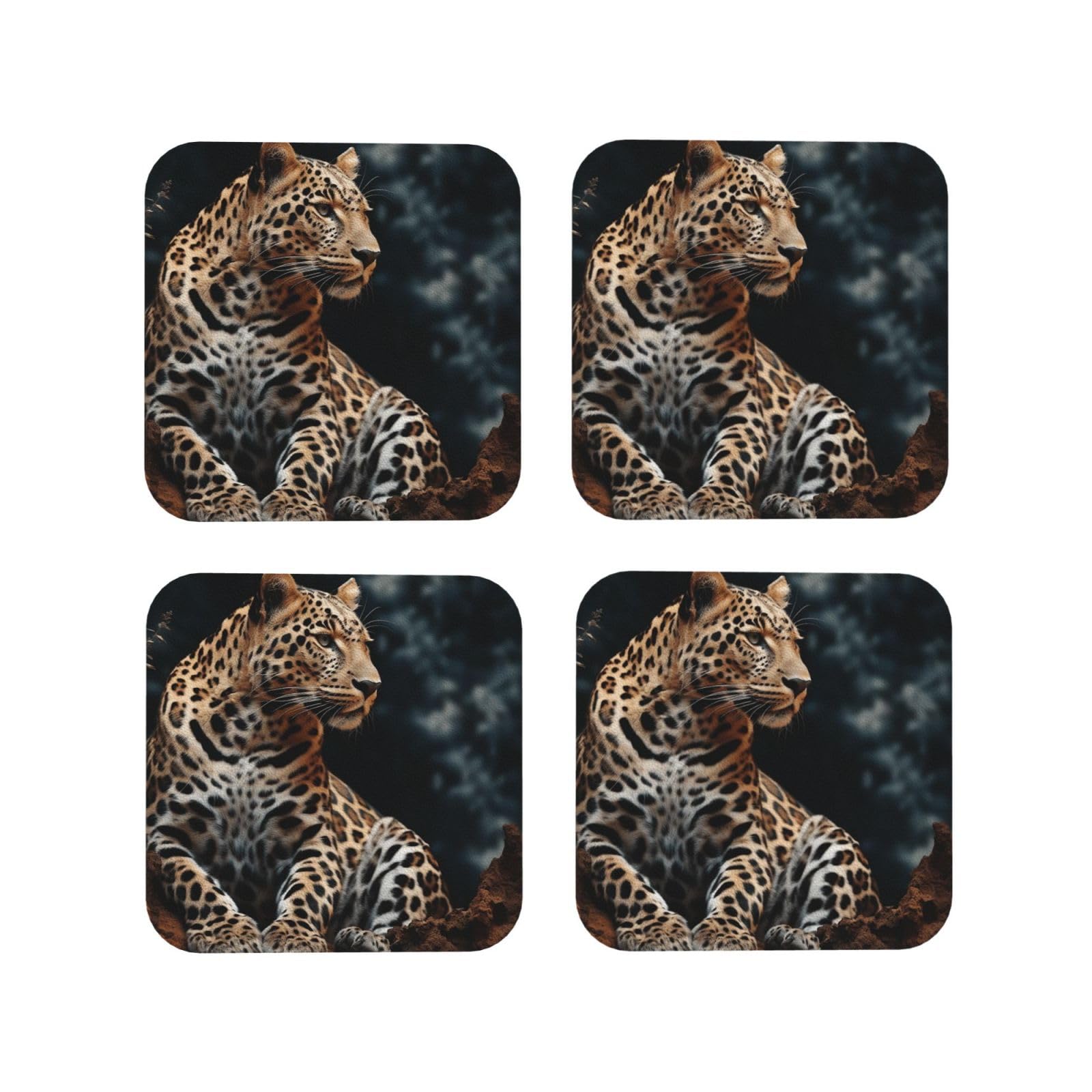 4pcs Drink Coasters for Tabletop Protection, 4" Leather Coasters for Drinks, A Leopard Sits Cup Coasters for Coffee Table Decor, Non-Slip Drinking Cup Mat for Hot Or Cold Drink