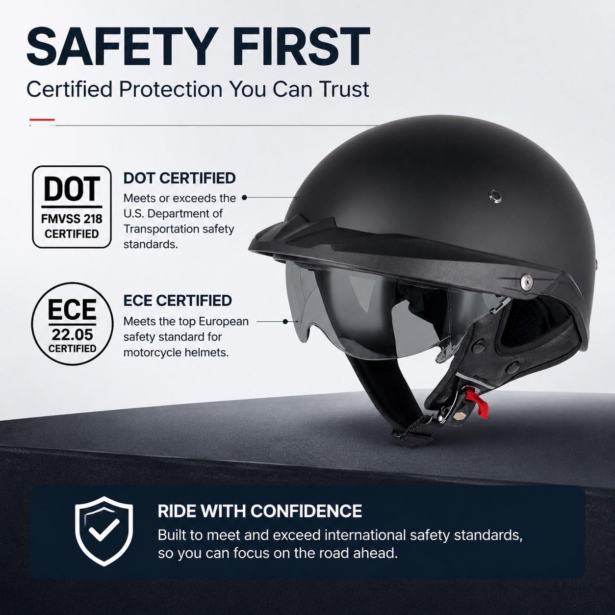 Kask Otwarty Motocyklowy dla Dorosłych, Homologowany ECE, z Blendą Przeciwsłoneczną, Zapięcie Szybkozamykające, Regulowane Dopasowanie