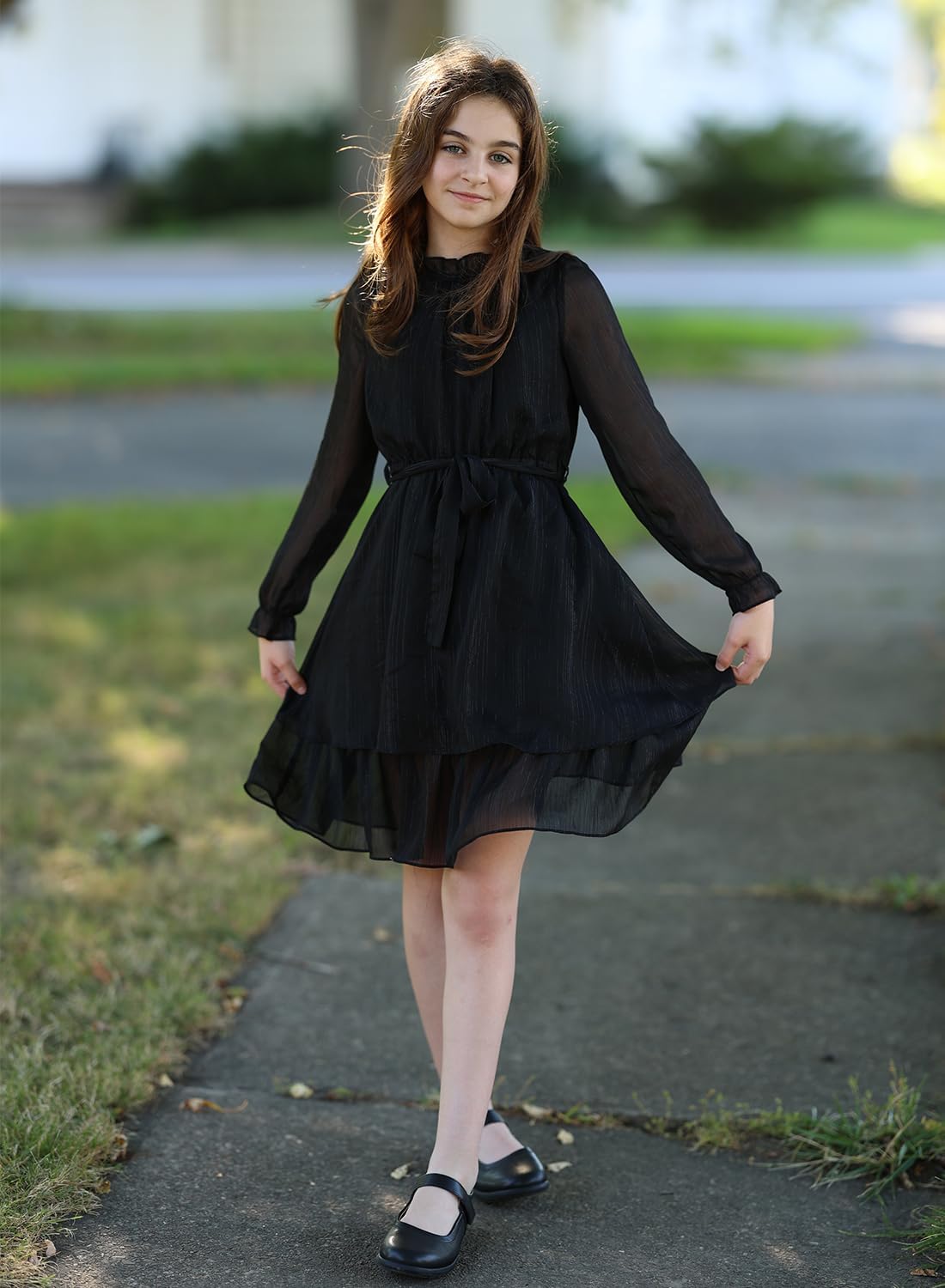 Girls Fall Long Sleeve Dress Floral Ruffle Flower Girl Formal Party Holiday Midi Dresses with Belt 5-14 Years - Image 2