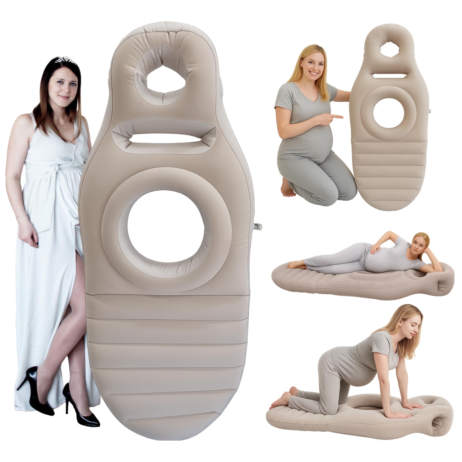 Inflatable Pregnancy Pillow with Belly Hole, Full Body Maternity Air Mattress for Stomach Resting, Adjustable Support for Belly, Back and Hips, Portable Pregnancy Float for Pool and Travel(Khaki)