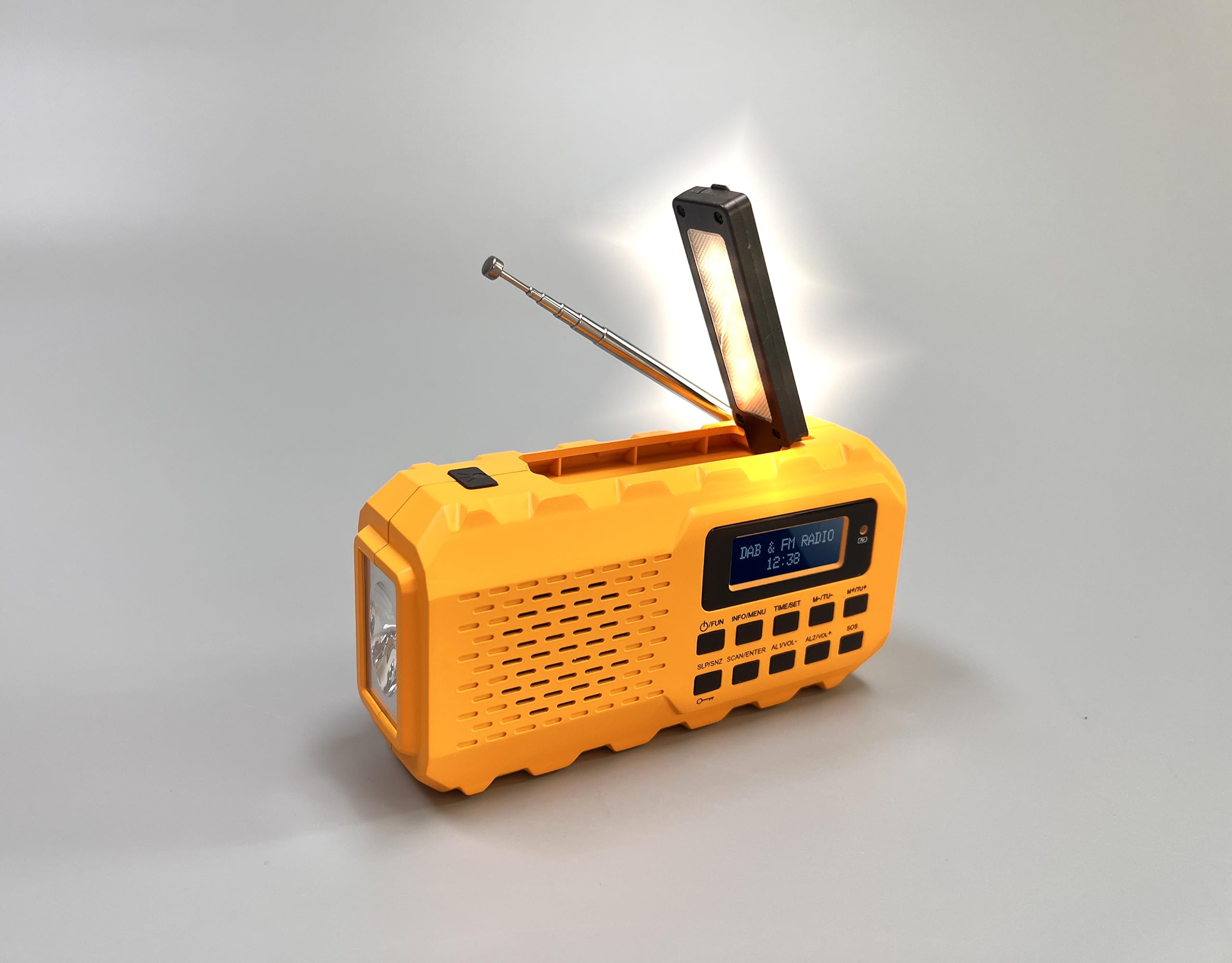NEWTRO Ruota a manovella multifunzione DAB+/DAB/FM – Multifunzionale radio digitale con torcia elettrica, luce leggera, pannello solare, power bank, manovella, allarme SOS