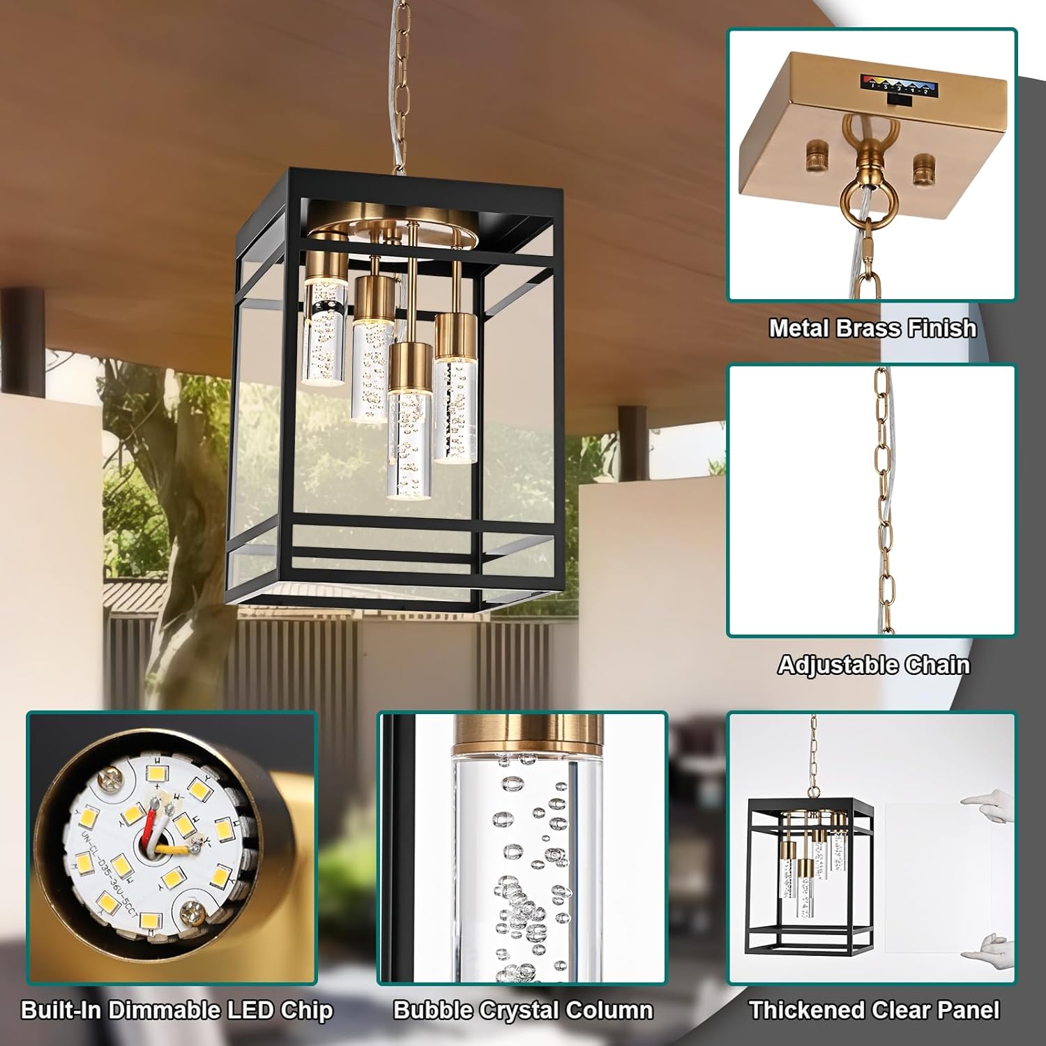 Outdoor LED Pendant Light Fixtures for Porch,4 Lights 5CCT Large Hanging Pendant Lantern,Black Brass LED Integrated Bulbs Modern Outdoor Pendant Lights, Exterior Chandelier for Patio,Foyer