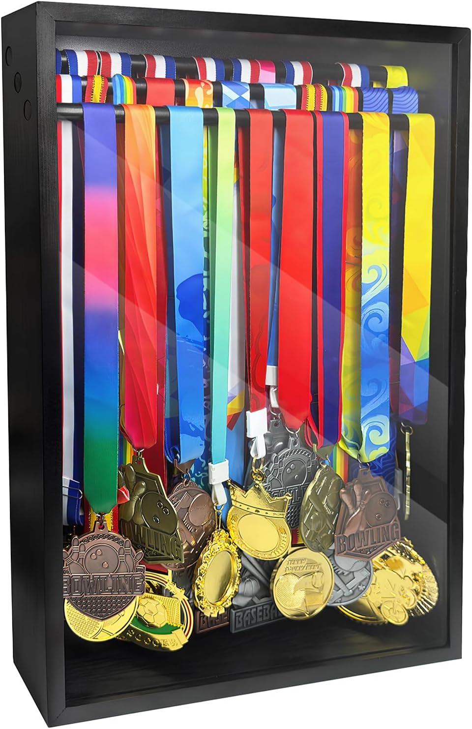 Medal Hanger Display Case, Dust-Proof 22"x15" Wall Mount medal holder with 3 Hanging Rods & Trophy Shelf, Holds 60+ Medals, HD Tempered Glass, Solid Wood, for gymanstics,race,soccer,swim