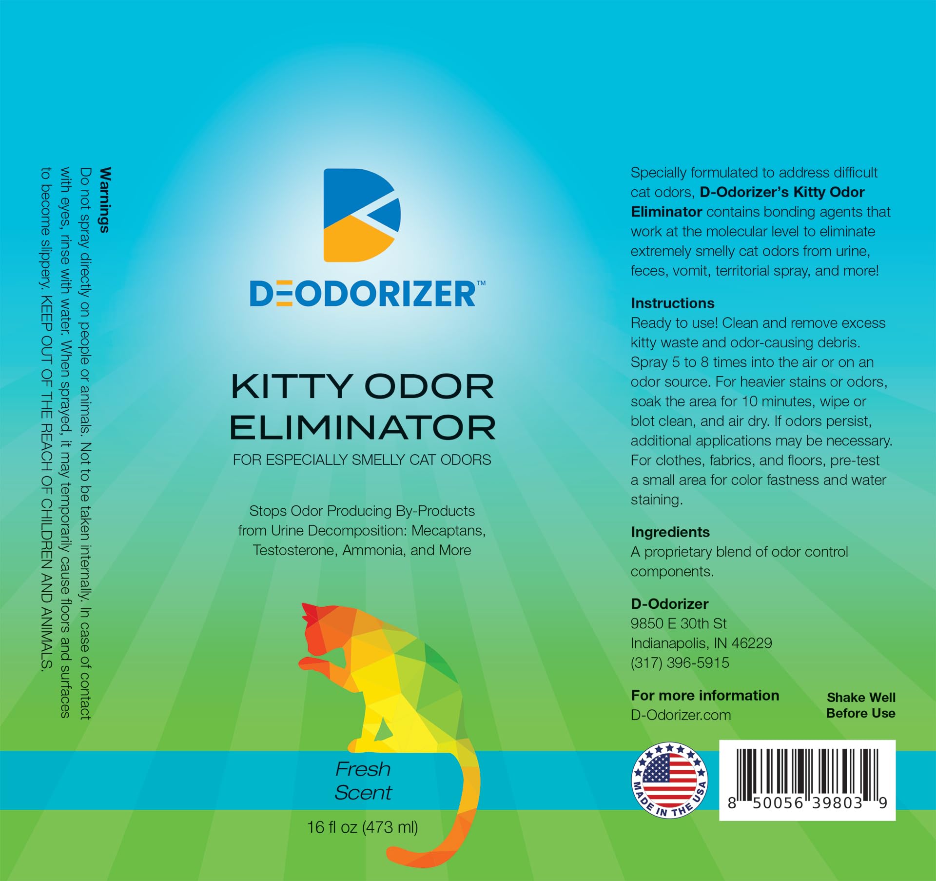 D-Odorizer Kitty Odor Eliminator - Eliminates Strong Cat Odors, Litter Box Deodorizer, Stop Odors from Cat Urine, Feces, Territorial Spray - 16oz Spray