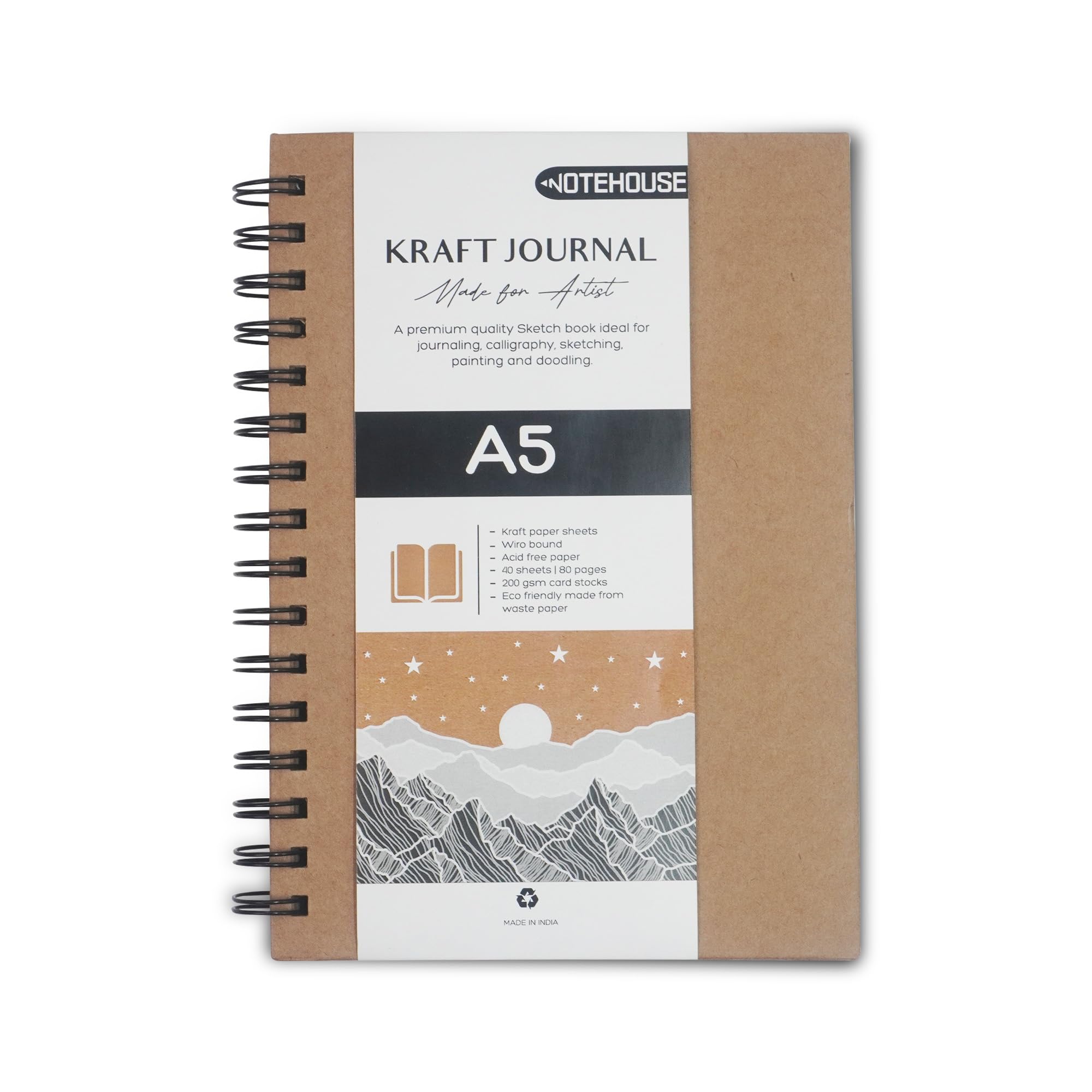NOTEHOUSE A5 Sketchbook 200 GSM, 80 Pages Spiral-Bound Kraft Sheets Drawing Notebook, Thick & Smooth Professional-Grade Premium Acid- Free Unruled Artbook for Artist Painting (Kraft Sheets, 29.7x21cm)