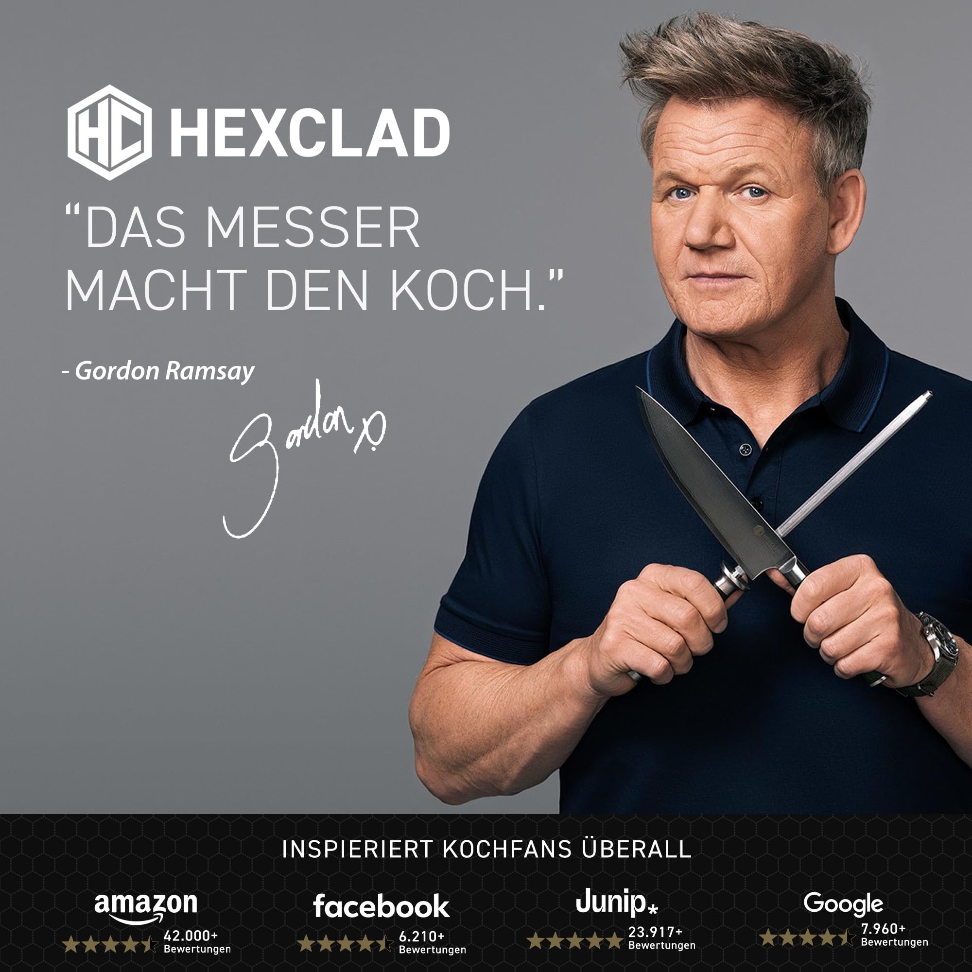 HexClad Essential Damastmesser Set 6-teilig – Küchenmesser aus 67-lagigem Damaststahl – Scharfe japanische Messer mit Pakkaholzgriffen – Vollerl-Konstruktion & Wetzstahl – Profi Küchenmesser Set