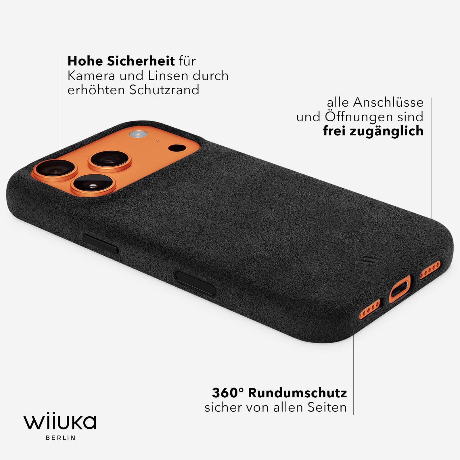 WIIUKA Hülle für iPhone 17 Pro, original Alcantara®, handgefertigt, 360° Schutz, extra schlank, Premium Handyhülle, Case, Qi, Leder-Alternative, skiin VL Alcantara®, Schwarz