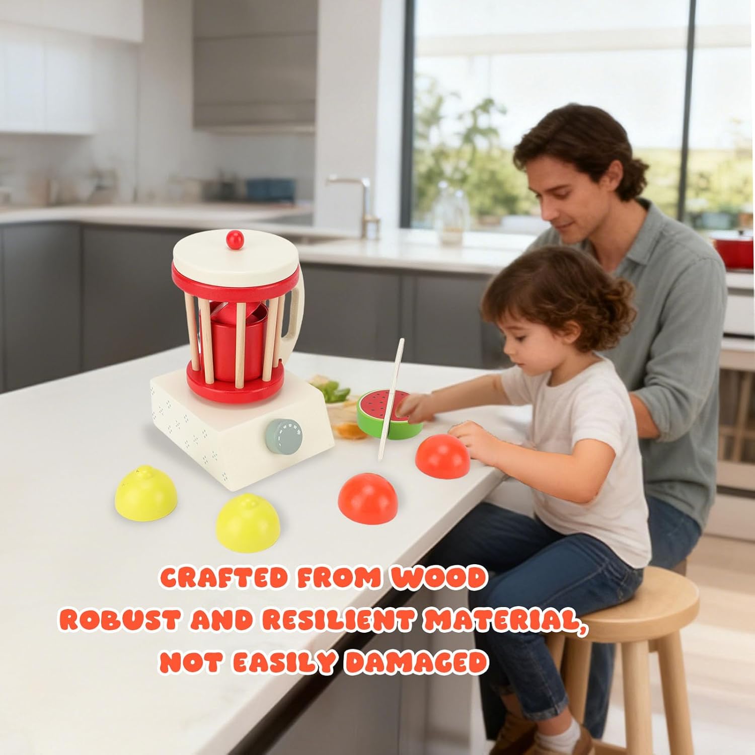 Diydeg Blender Toy, Wooden Smoothie Blender with Cup and Fruit Cutter, Kids Kitchen Accessories Set Role Play Juicer Maker for Toddlers Boys Girls Ages 3+