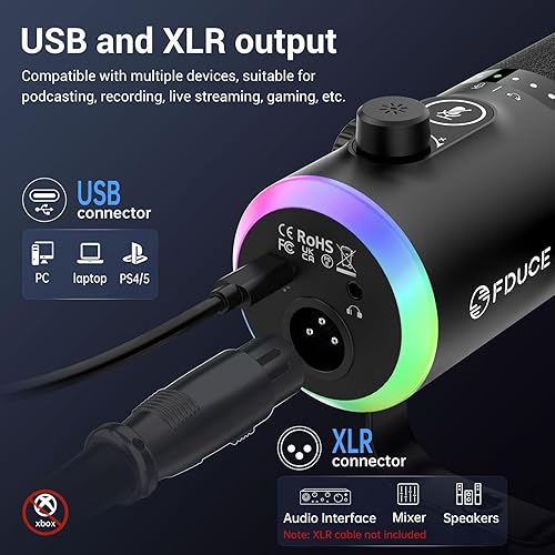 Miniatura 3 de FDUCE Kit de micrófono para juegos USBXLR, micrófono dinámico de PC para transmisión de podcasts, kit de micrófono RGB para computadora con soporte