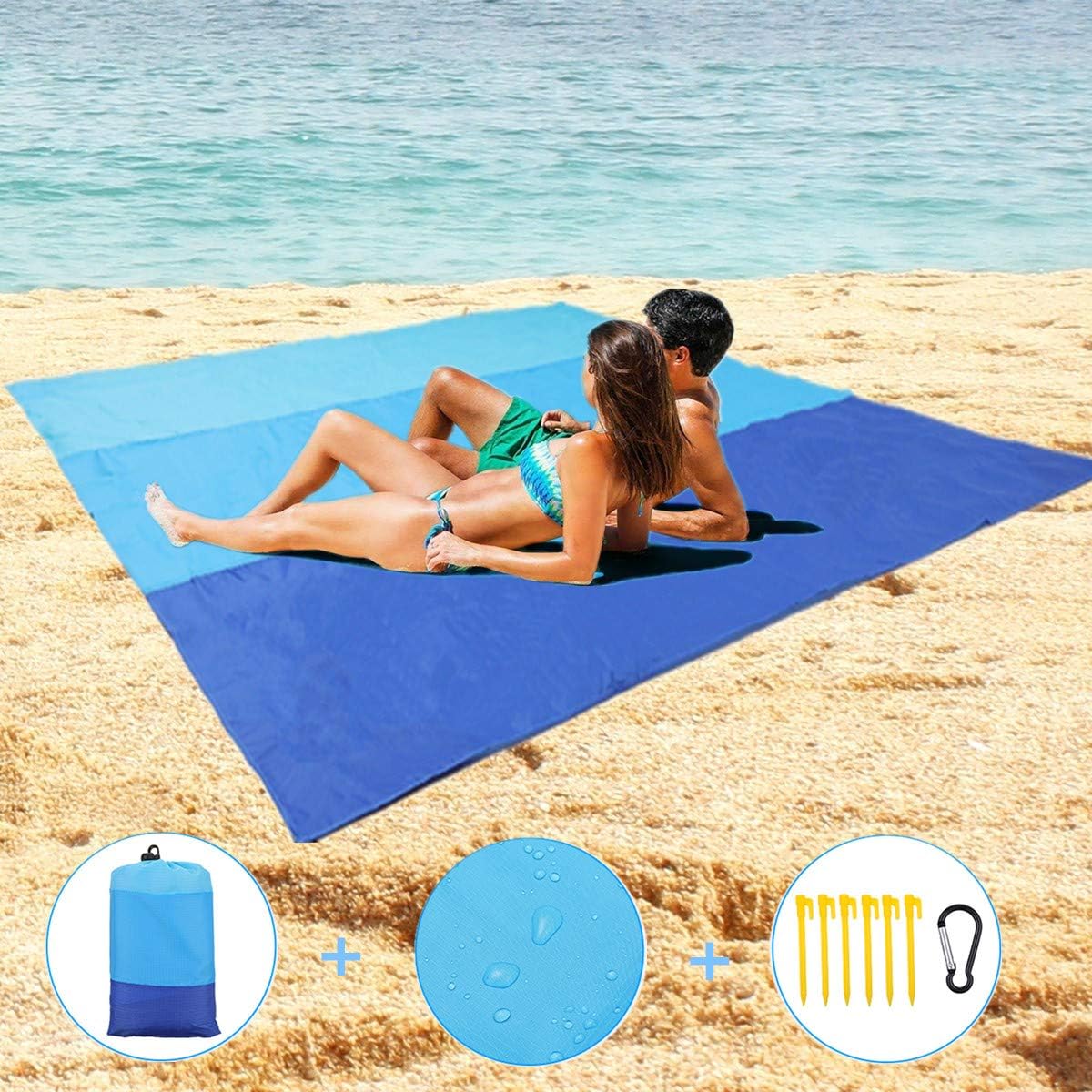 Sand Free Beach Blanket, Large Size 82" X79" Sand Proof Outdoor Picnic Blanket, Waterproof Quick Drying Beach Picnic Mat, Durable with 6 Stakes & 4 Corner Pockets,Storage Bag