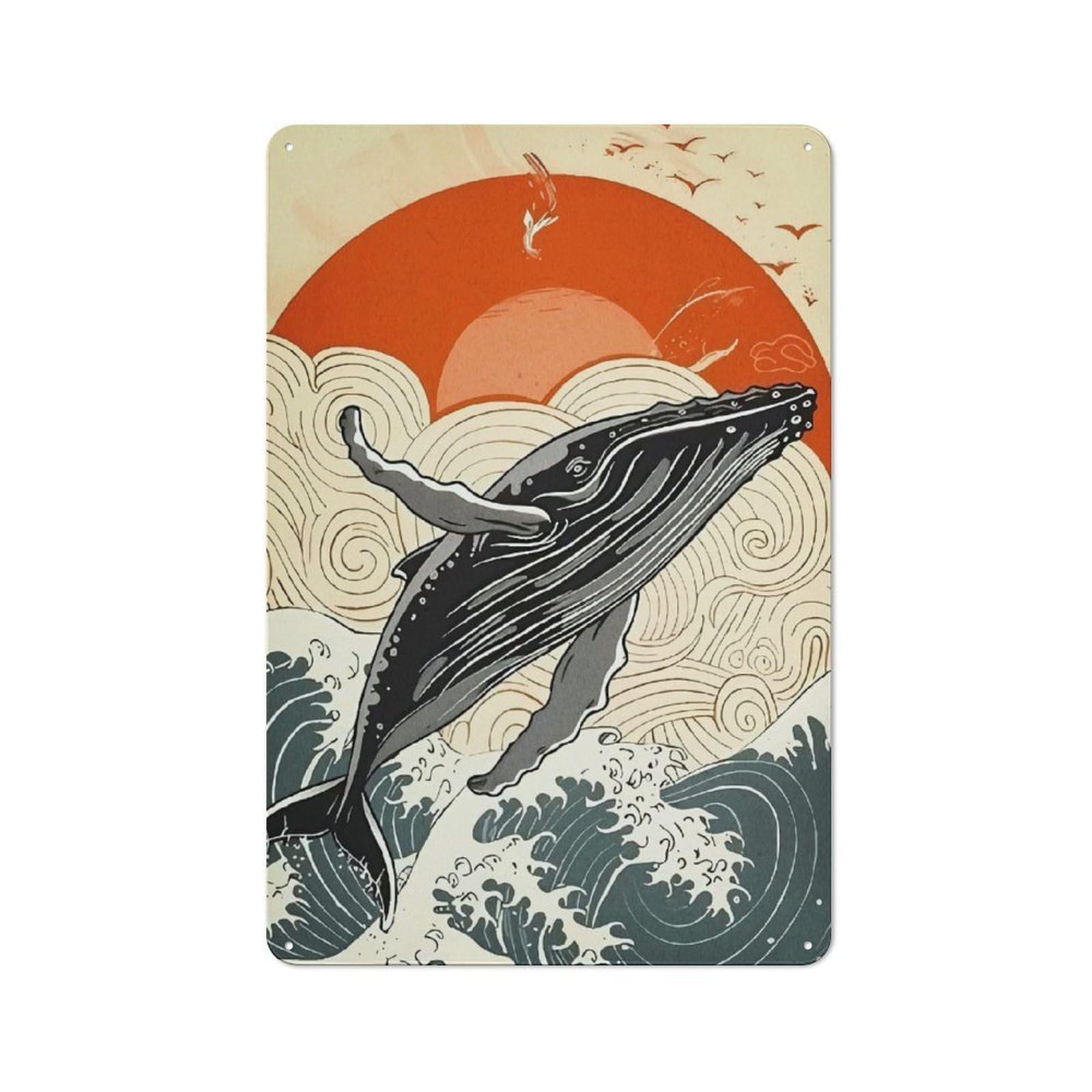 Nostalgic Whale Breaching Ocean Metal Wall Plaque 30x20cm, Retro Room Decor for Kitchen, Hallway, Bar Or Small Cafe