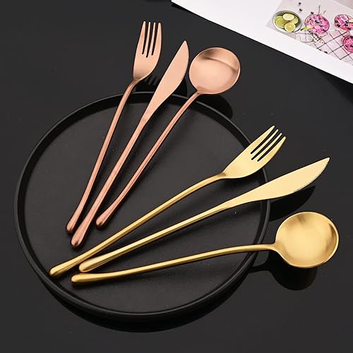 Miniatura 4 de JASHII Juego de 20 cubiertos mate, cubiertos de acero inoxidable 304 con acabado satinado con mango redondo, servicio para 4, incluye cuchillos,