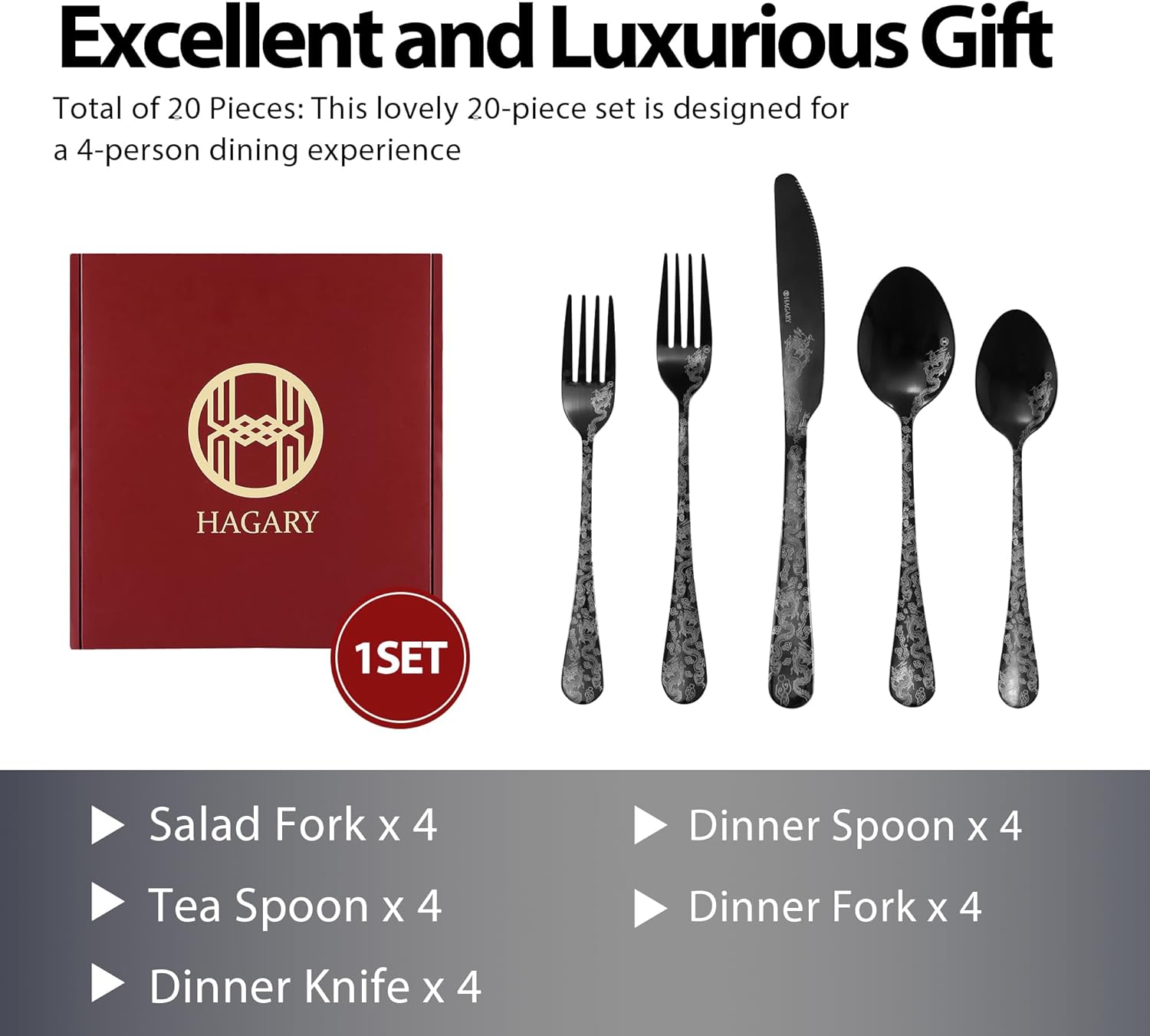 Hagary Dragon Cutlery Set 20 Pieces Stainless Steel Flatware Set Service for 4 Utensils For Home Kitchen Wedding Laser Engraved Dishwasher Safe Black