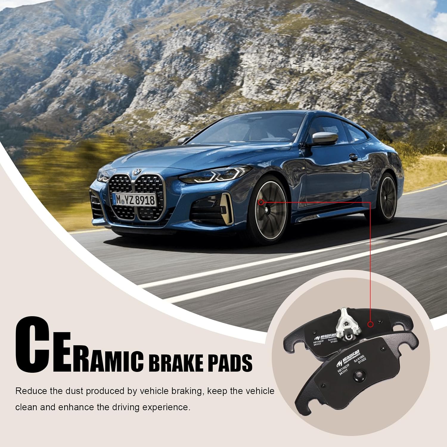 Front Ceramic Brake Pads for Audi A4 2009-2016, A4 Allroad 2013-2015, A4 Quattro 2009-2016, Q5, A5, A5 Quattro, A6, A6 Quattro, A7 Quattro, Allroad, S4, S5, HZ1322