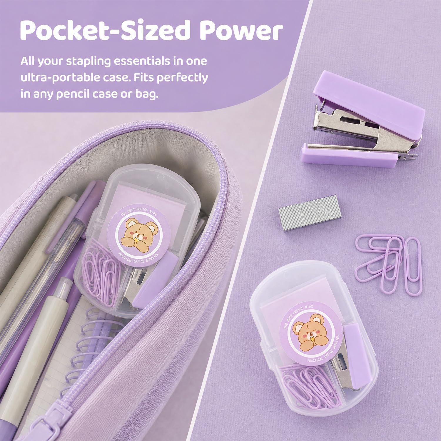 BOROLA Portable Mini Stapler Set, 400 Staples 15 Clips Light Purple image 3