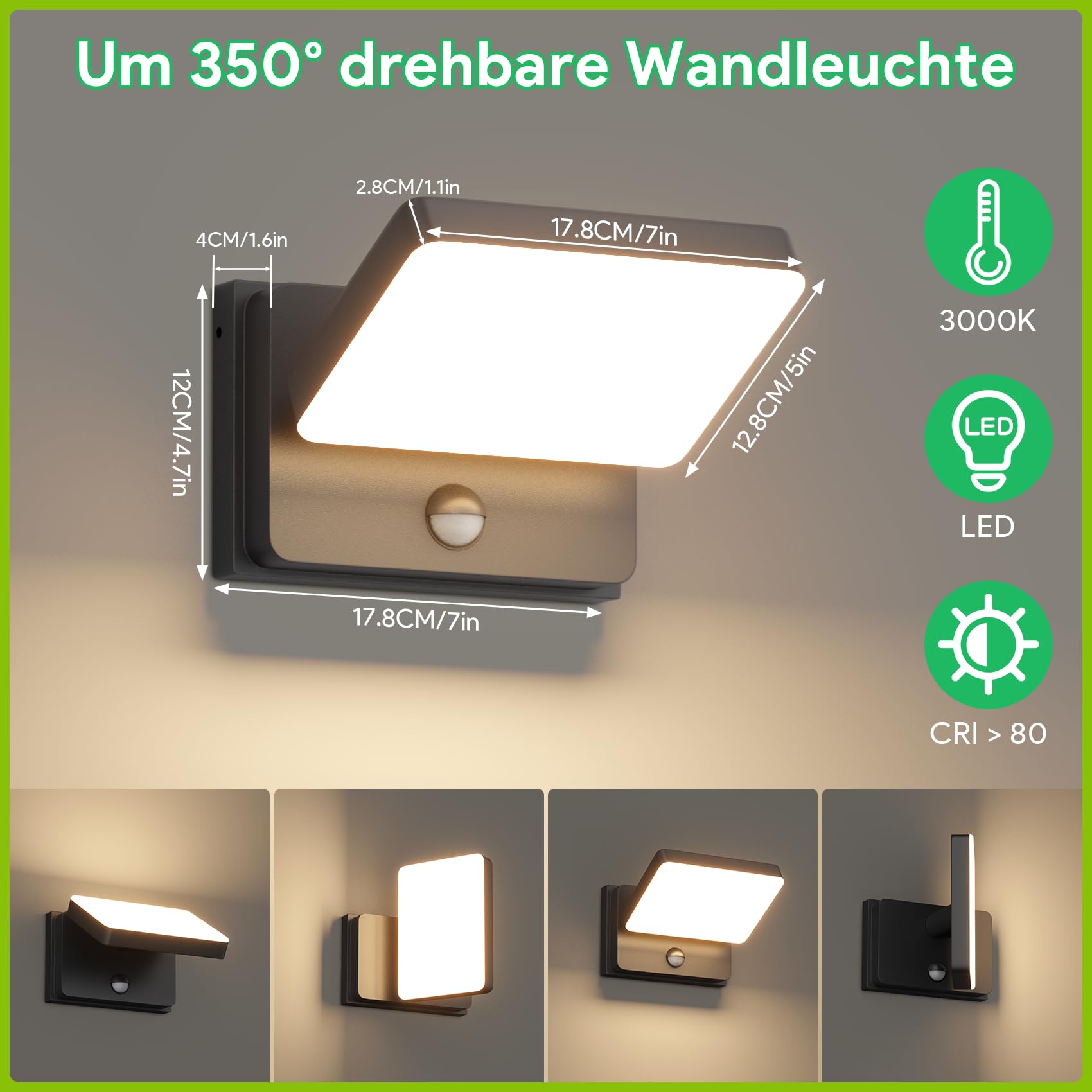 Klighten Luz exterior con sensor movimiento 30W IP65 3000K blanco cálido para patio/jardín/gris antracita