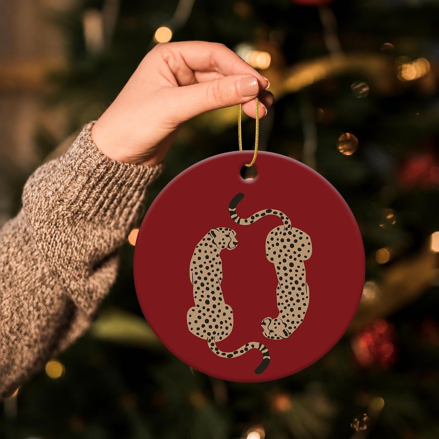 Red Trendy Retro Leopard Cheetah Christmas Ceramic Ornament Gifts image 4