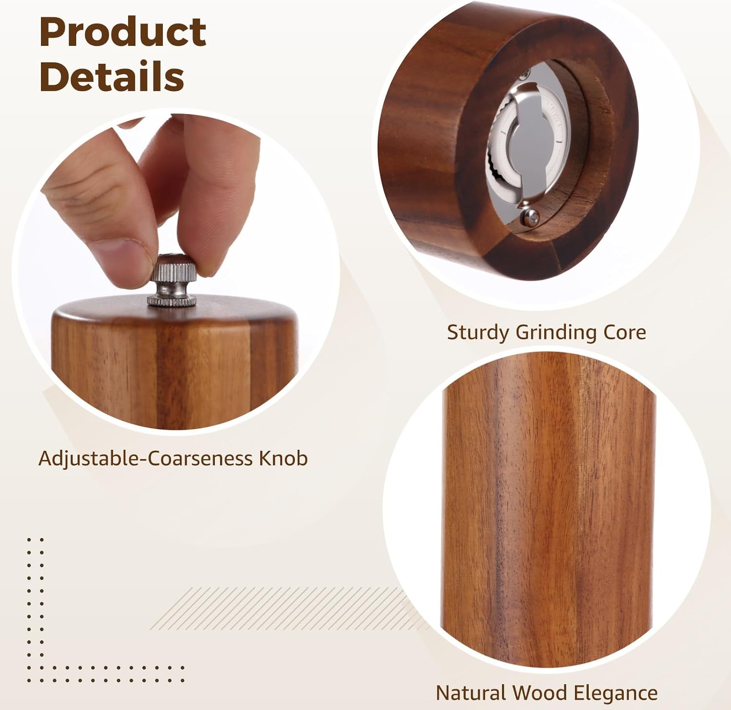 2 Pcs Wooden Salt and Pepper Grinder Set, 8.5 x 2.2 in, Adjustable Coarseness Pepper Mills Shakers, Refillable Sea Salt Grinder with Base