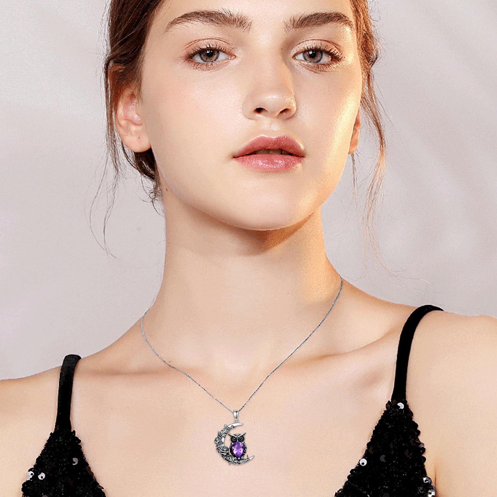 AXELUNA Amethyst Eule Halskette für Frauen 925 Sterling Silber Halbmond Eule Rose Halskette Schmuck Geschenke für Mutter Ehefrau