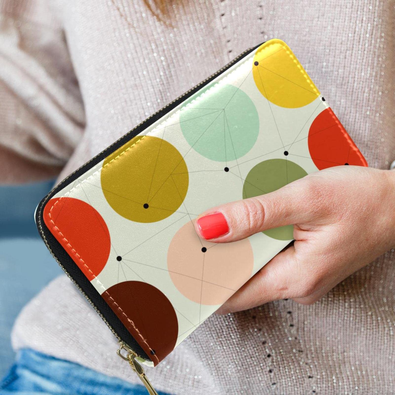 Cartera larga de cuero con cremallera geométrica patrón de arte personalizado, Varios colores, 20.5x2.5x11.5cm/8.07x1x4.53 in, Classic
