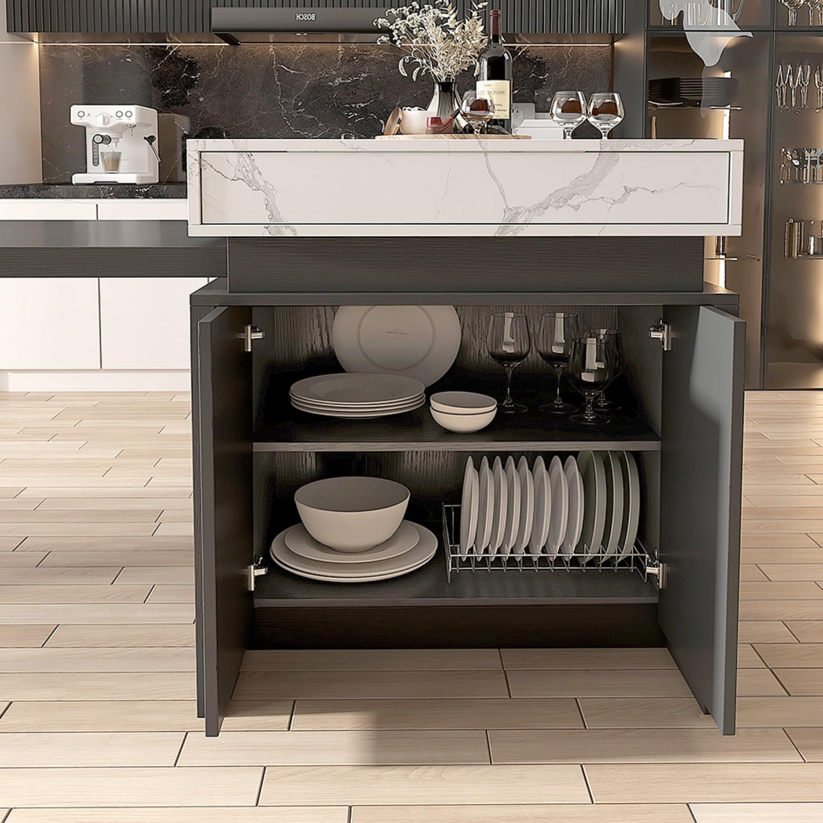 Homary Isla de Cocina Extensible con Almacenamiento múltiple para Cocina y Comedor, hacia la Derecha 185-235cm x 90cm (Blanco Mate y Negro)
