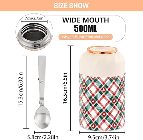 Miniatura 3 de MCHIVER Christmas Tree Plaid Food Jar with Spoon Stainless Steel Vacuum Insulated Food Container 17 oz Food Thermos for Hot Food