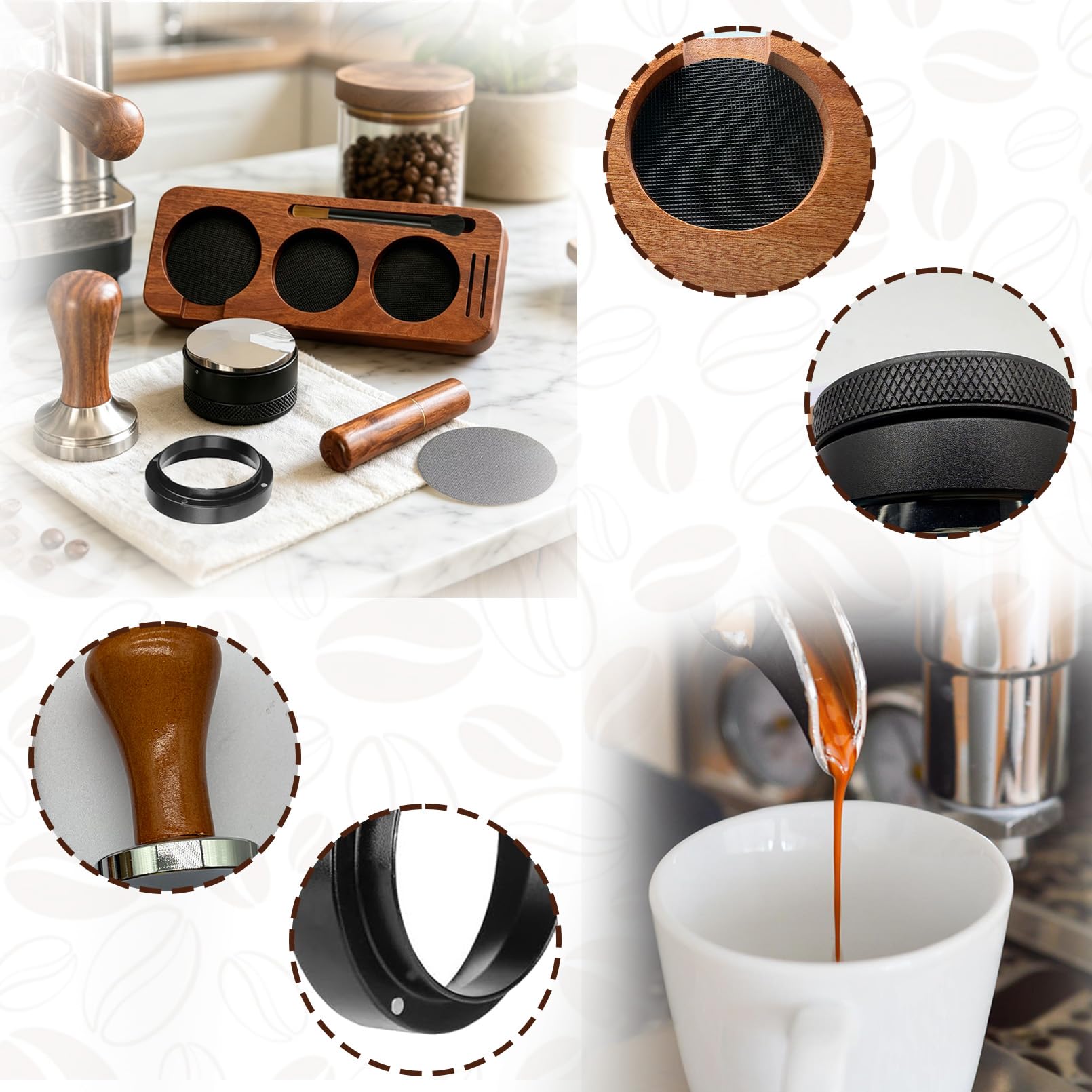 Juego de accesorios para café expreso de 51 mm, juego de 7 piezas – Tamper, distribuidor, anillo dosificador, herramienta WDT, cepillo, pantalla de disco y tamping para portafiltros, juego