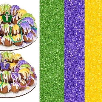Mardi Gras King Cake Decoration Gift Box Kit Yellow Green Purple Sanding Sugars with King Baby - Beaded & King Babies