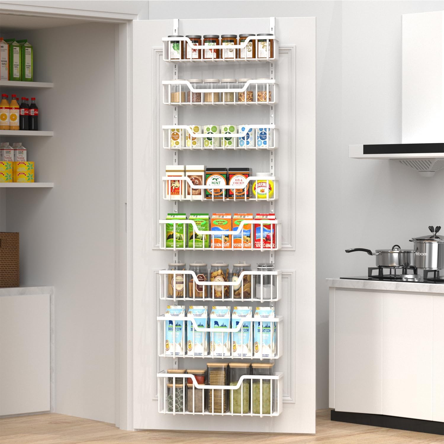 Over The Door Pantry Organizer, 8-Tier Pantry Door Organizer Shelves | 3 Sizes | Adjustable Basket | Metal Hanging Spice Rack for Kitchen, Pantry, Cabinet, Back of Door Seasoning Rack, White