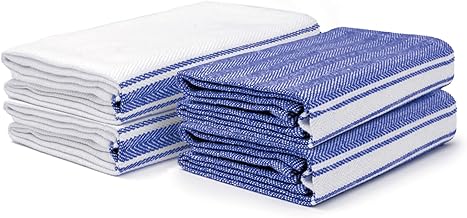 Salt Earth Kitchen Towels Cotton Dish Towel Size 24x14 Inches Set of 4 100% Ring Spun Cotton Absorbent Quick Dry Herringbone Weave Lint Free Washable Dishcloth Hanging Loop Color White & Blue Stripe