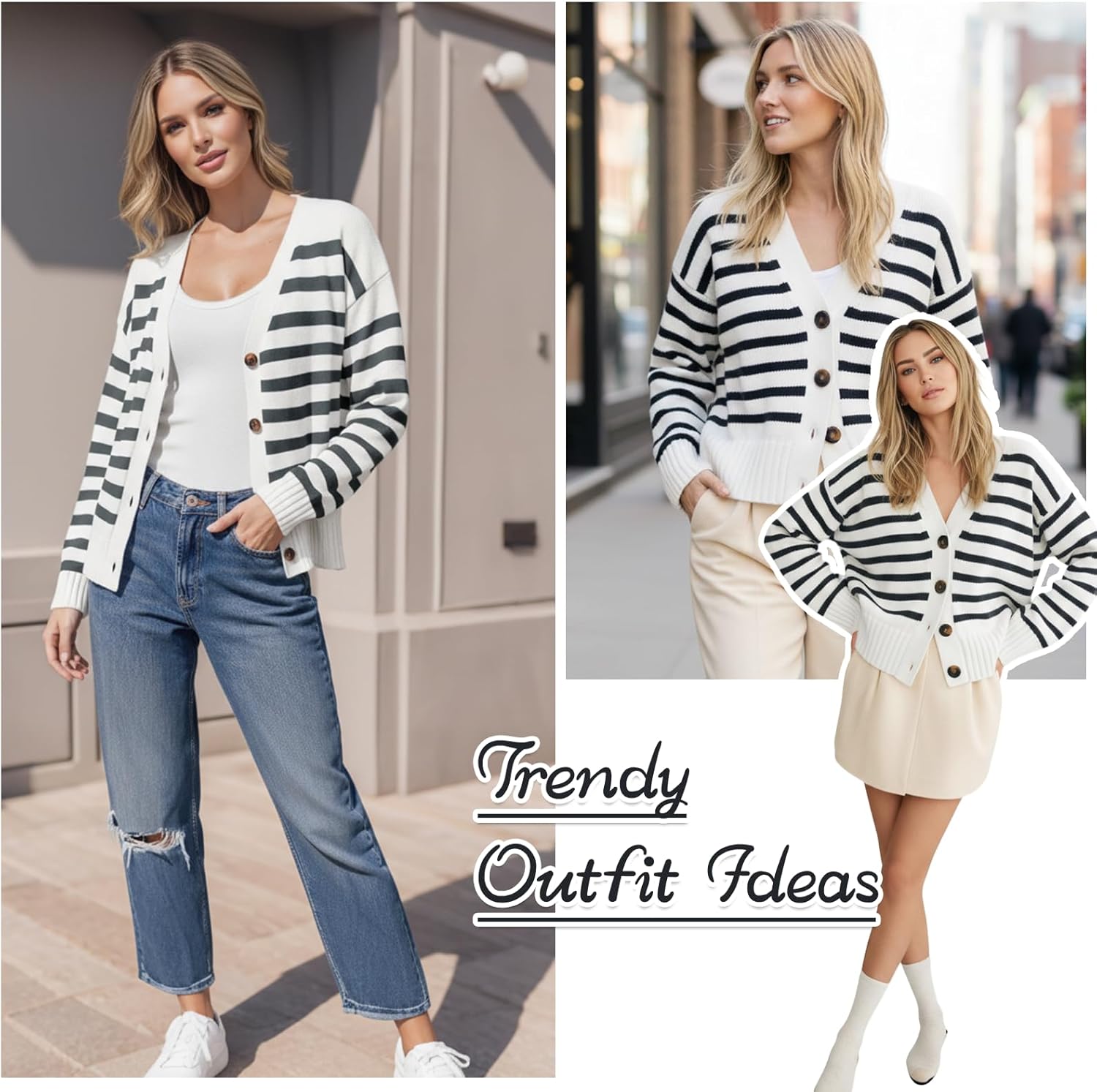 Women's Striped Cardigan Sweaters V Neck Open Front Sweaters Lightweight Long Sleeve Button Tops Ribbed Knit Outerwear - Image 6