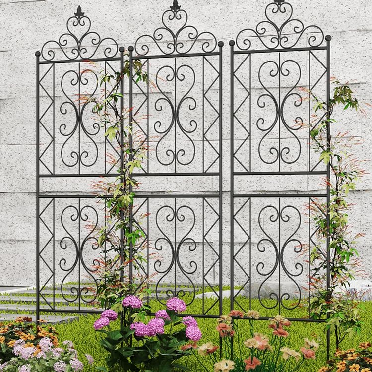 Treillis de jardin en fer forgé noir de 185 cm, lot de 2 cadres de support pour plantes grimpantes, extérieur pour vignes, fleurs et légumes