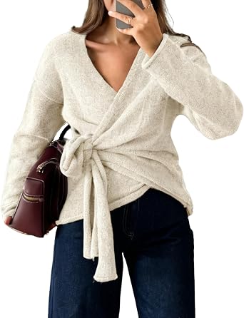 Watashi Womens Wrap Sweater with Tie Waist V Neck Knit Tops