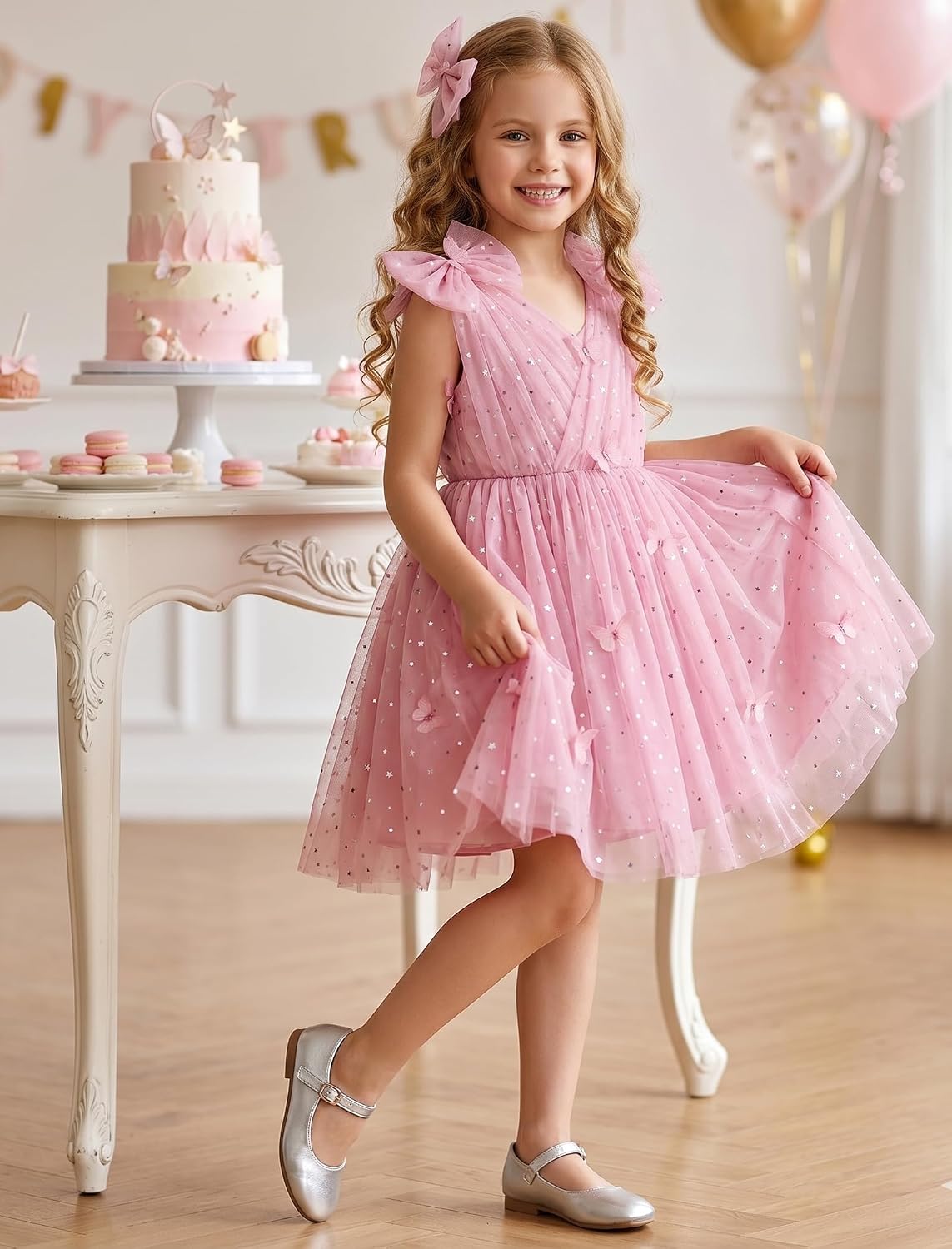 IMEKIS Toddler Kids Girls Butterfly Dress Sparkle Sequins Tulle Wedding Formal Birthday Dresses 2-10T
