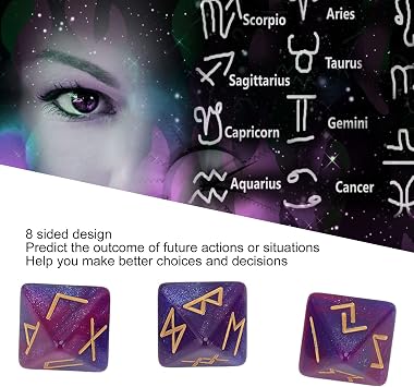Rune Dice Set, 3Pcs 8 Sided Astrology Polyhedral Dice Dnd Dice with Vivid Colors Fun Learning for Adults (Purple Blue)