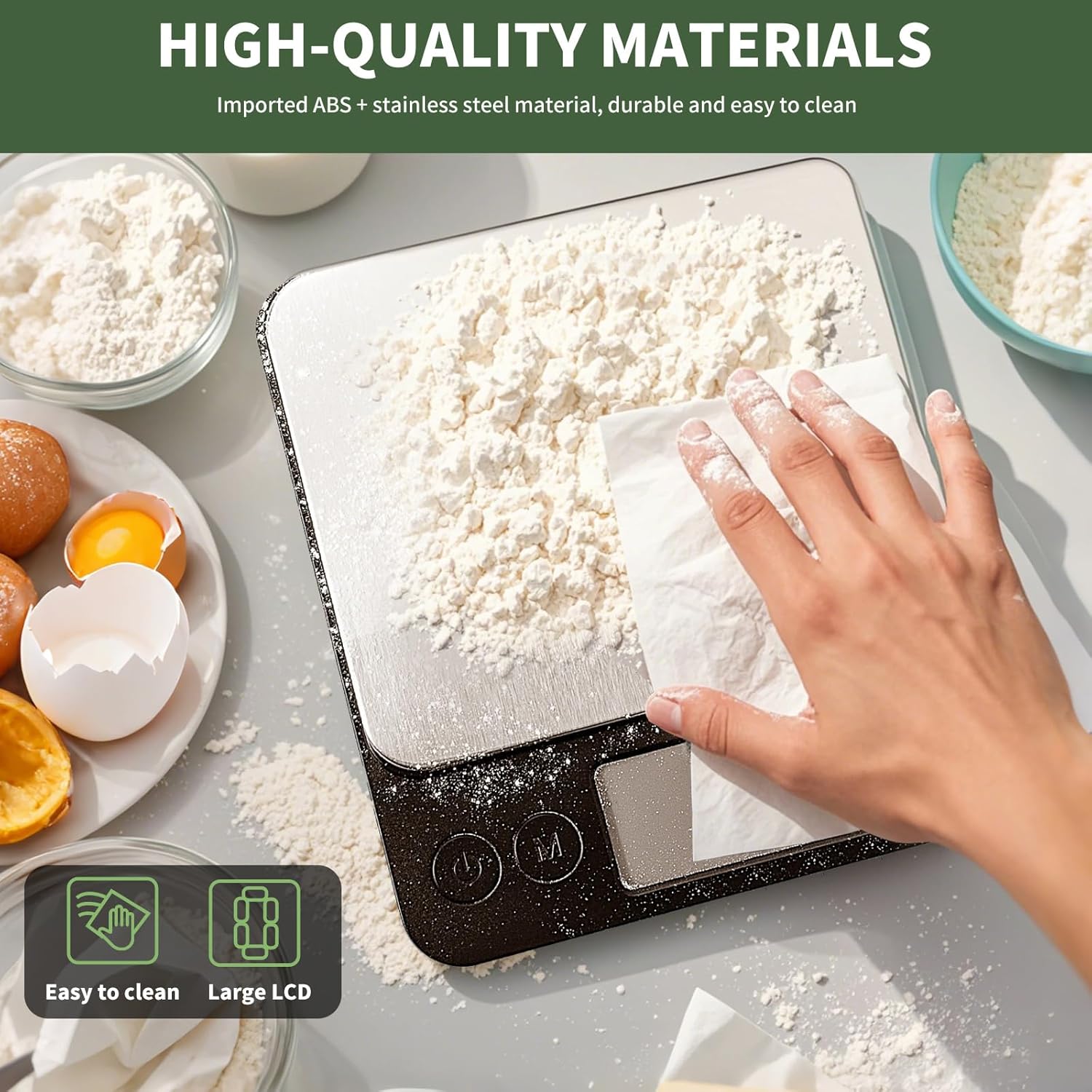 Hand cleaning the stainless steel platform of the MEIYA Digital Kitchen Scale