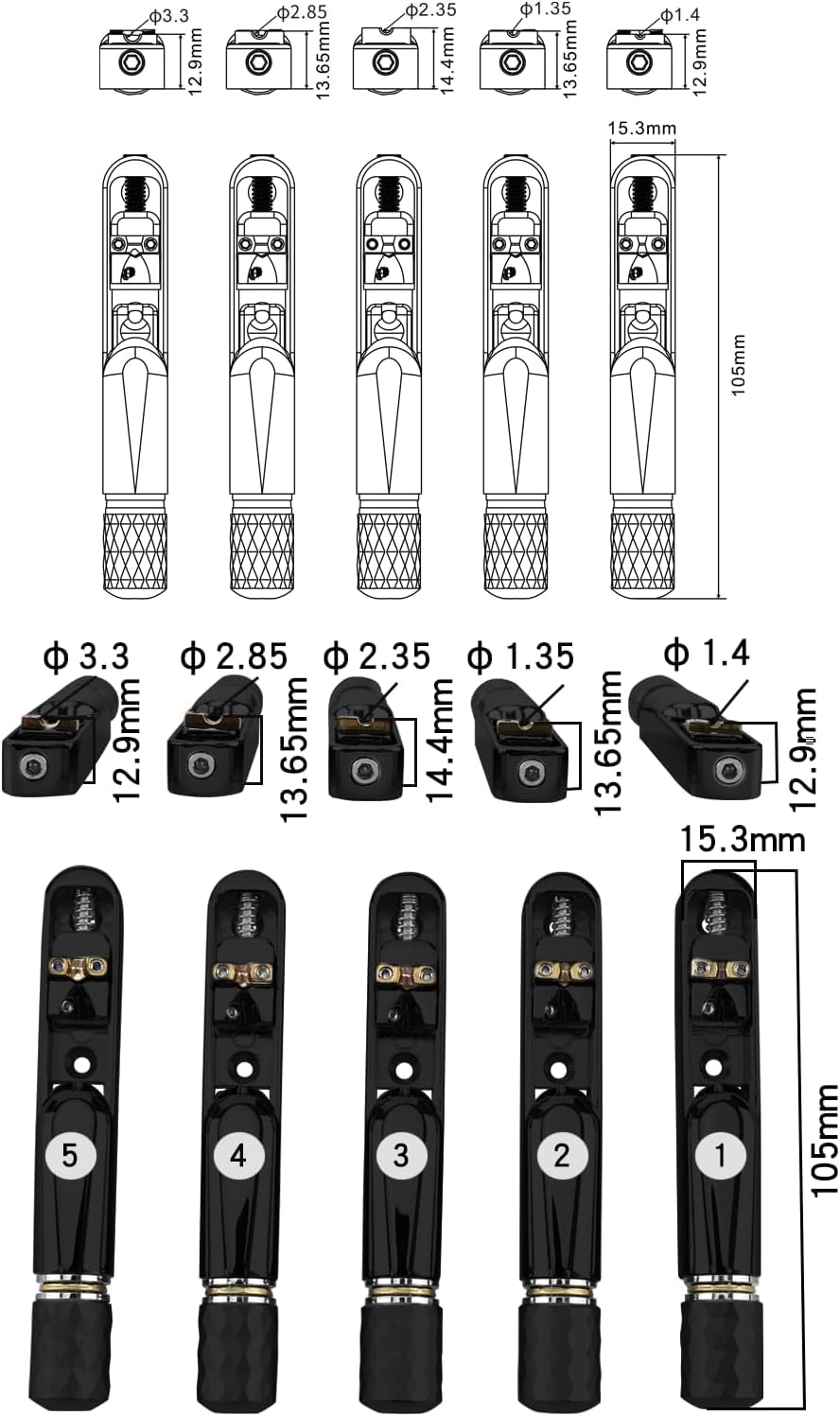 Pack of 5 Individual Single Tubular Fixed Bridge 5 String Electric Bass Bridge for Headless 5-string Bass Replacement Parts（Conductive Black）