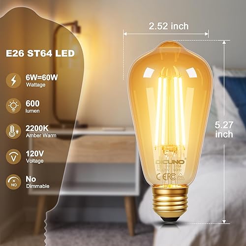 Miniatura 2 de DiCUNO Bombillas Edison E26 de 60 W, 2200 K ámbar cálido, bombilla LED Edison de 6 W ST64, vidrio ámbar, luz LED vintage para el hogar, 600 lm, no
