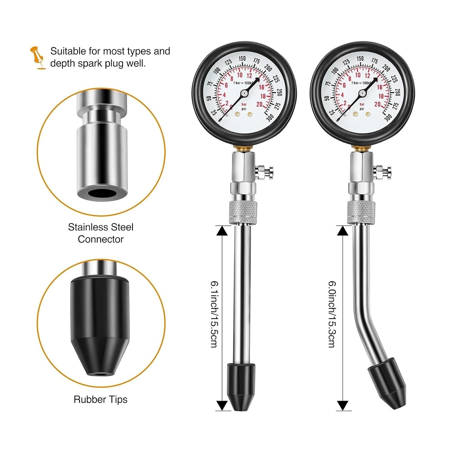 0-300PSI Engine Compression Tester Kit Engine Compression Tester, 8PCS Engine Cylinder Pressure Gauge Compatible with Petrol Gas Engine Test