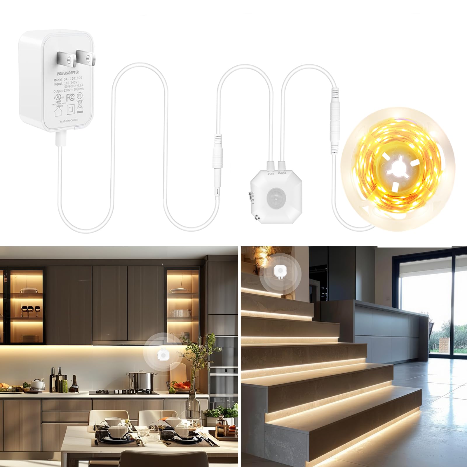 Motion Sensor LED Light Strip, 9.8 Feet Flexible Warm White Motion Activated Led Strip Lights with Adjustable Timer & UL Power Supply for Under Cabinet, Stairs, Bed Lighting Decoration.