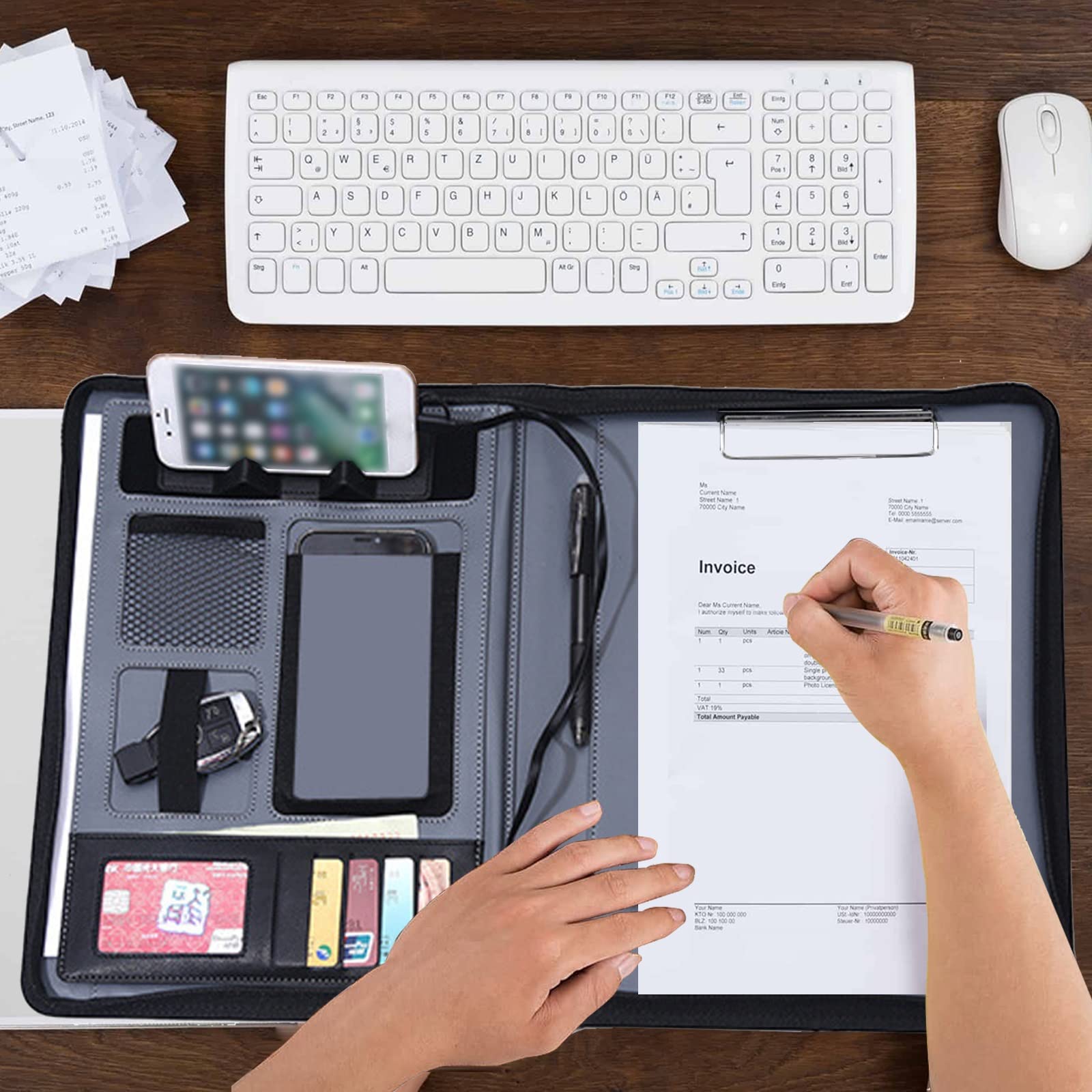 Cartella multifunzione A4 in pelle PU con caricatore, calcolatrice e organizer per notebook, per professionisti (argento)
