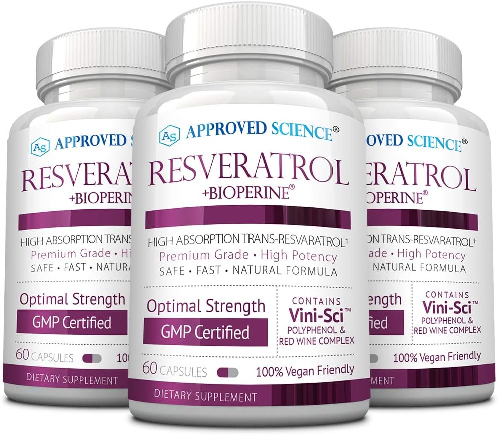 Approved Science® Resveratrol - 1000 mg of Trans Resveratrol - 250 mg of Polyphenol - 98% Purity Level - Includes Bioperine® - 180 Vegan Friendly Capsules per Bottle- 1 Bottle