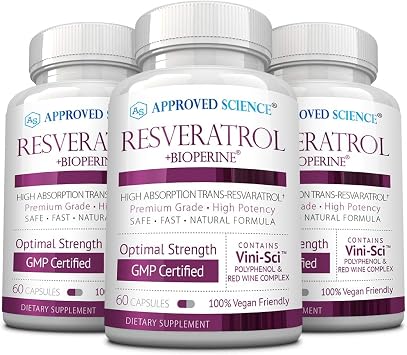Approved Science Resveratrol - 1000 mg of Trans Resveratrol - 250 mg of Polyphenol - 98% Purity Level - Includes Bioperine - 180 Vegan Friendly Capsules per Bottle- 1 Bottle