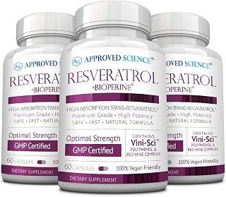 Approved Science® Resveratrol - 1000 mg of Trans Resveratrol - 250 mg of Polyphenol - 98% Purity Level - Includes Bioperine® - 180 Vegan Friendly Capsules per Bottle- 1 Bottle