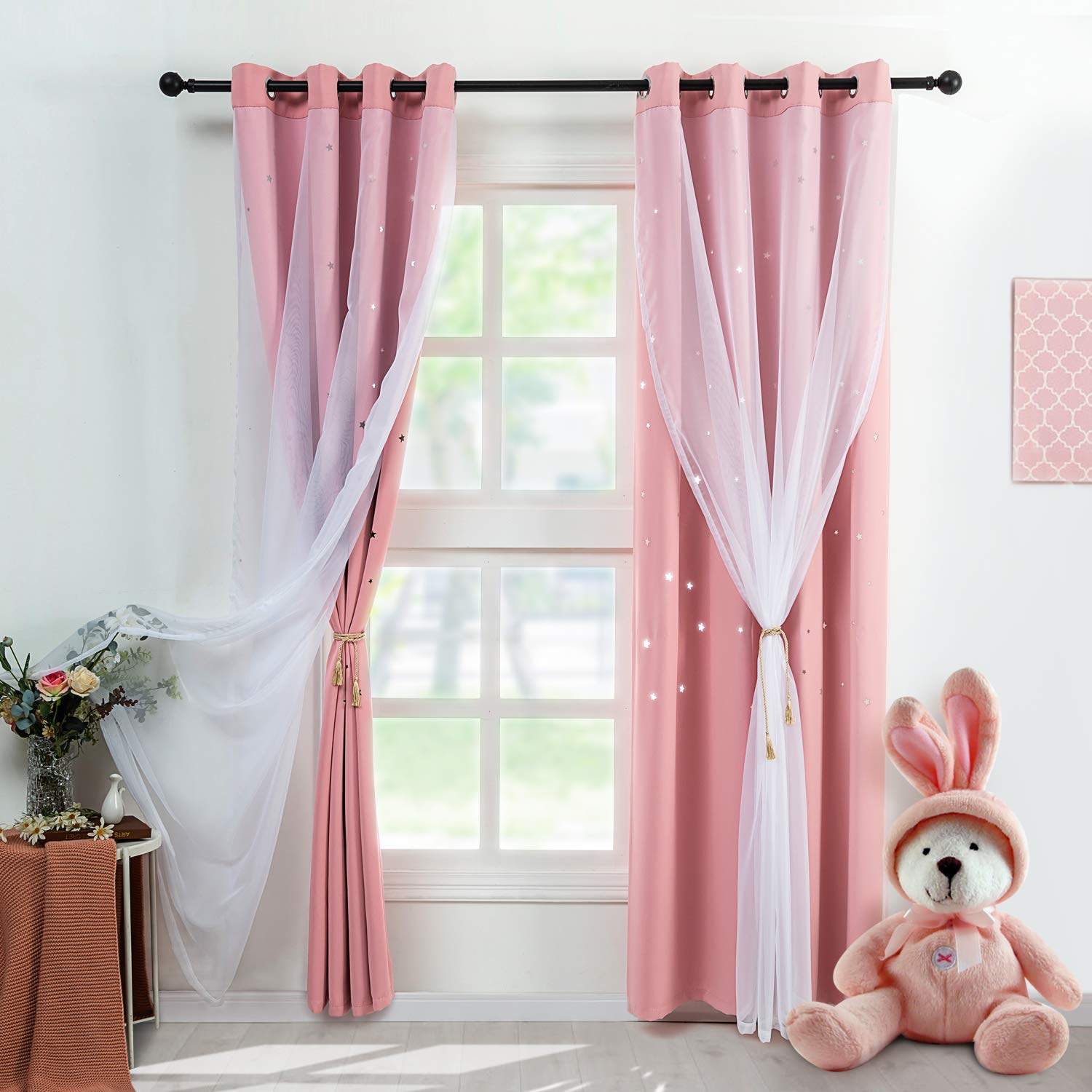 Reepow Kids Stars Blackout Curtains for Girls Bedroom 2 Panels, Tulle Overlay Star Cut Out Grommet Light Blocking Window Curtain - 52"x 63", Princess Pink