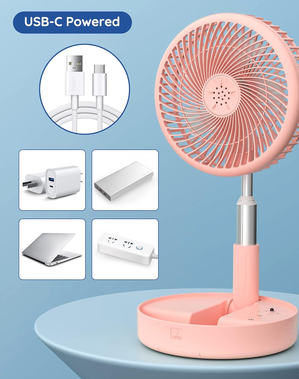 Primevolve Portable Fan showing USB-C charging options
