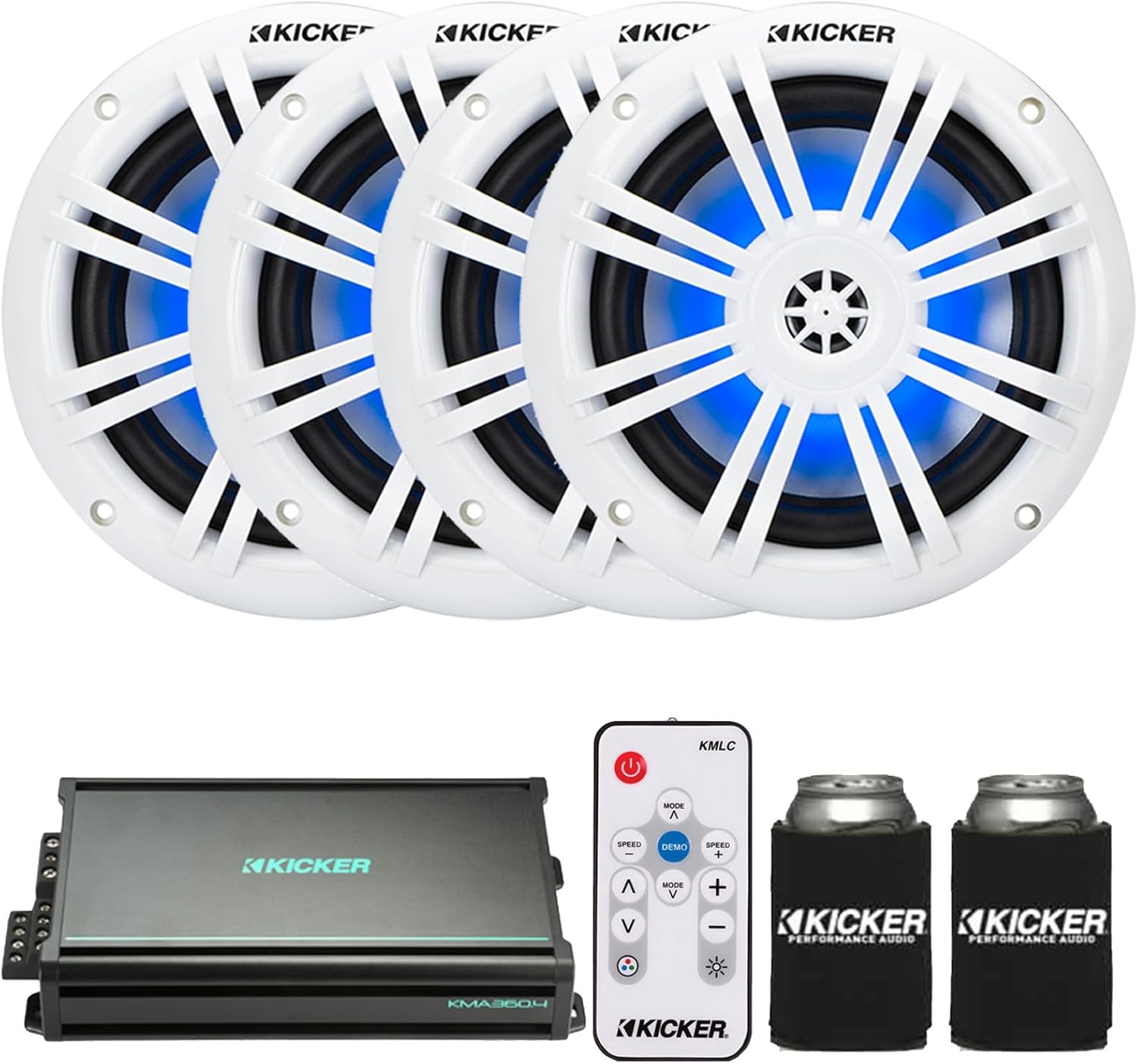KICKER 51KM604WL KM 6.5" 150 Watts Max Power 4 ohms RGB LED Marine Coaxial Speakers (2 Pairs), LED Controller, 4-Channel 90 Watts x 4 Weather-Resistant Full-Range Boat Amplifier