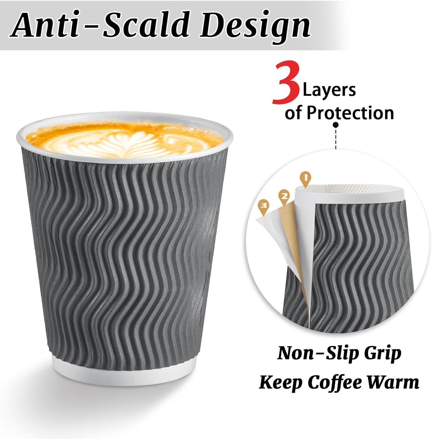 Clawsoff 500 Pack 8oz Coffee Cups,Insulated Ripple Wall Disposable Paper Cups 8 Ounce,To Go Cups for Hot & Cold Drinks,Gray