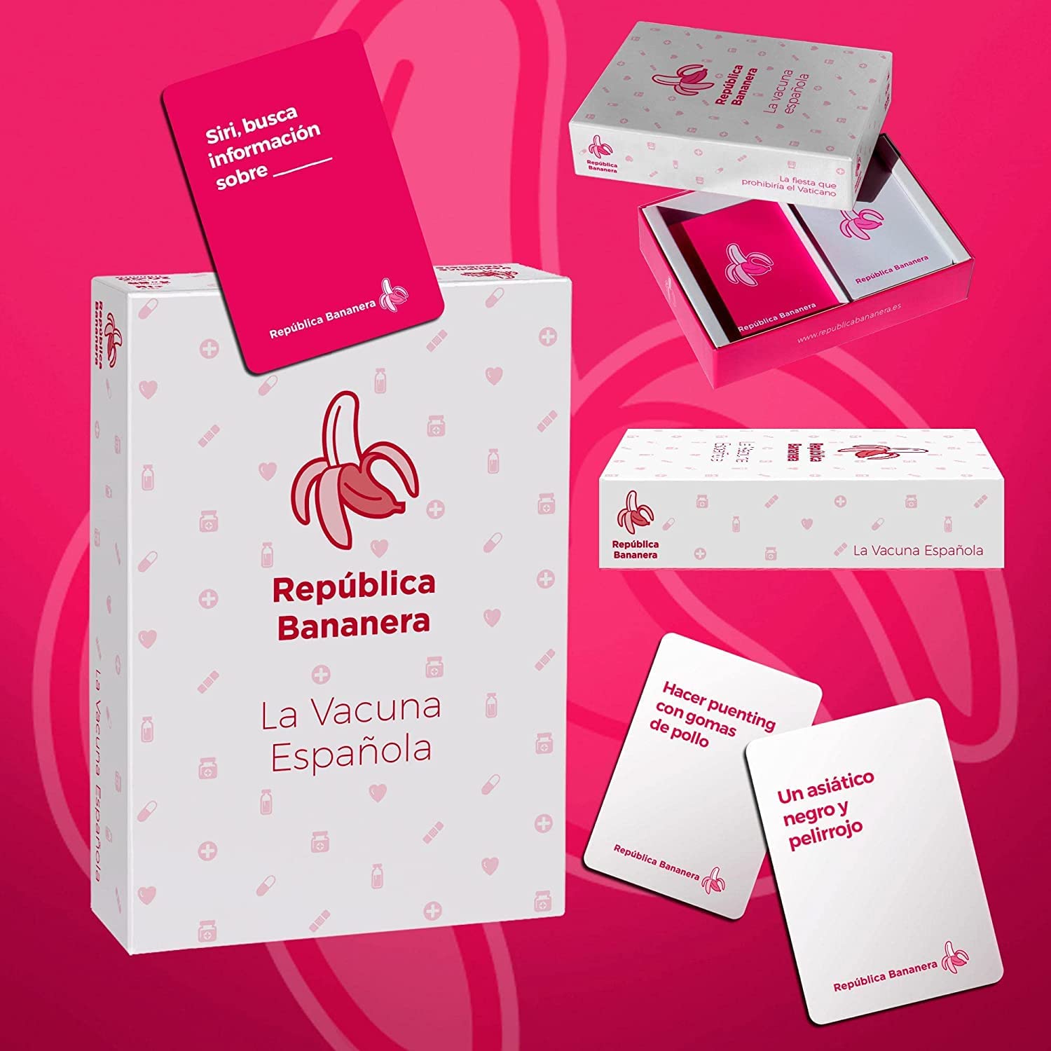 La Vacuna Española -República Bananera - Juego Cartas para Fiestas - Juegos de Mesa en Español - Risas con Amigos, Diversión Asegurada - De 3 a 69 Jugadores - 150 Cartas (Pack República Bananera)
