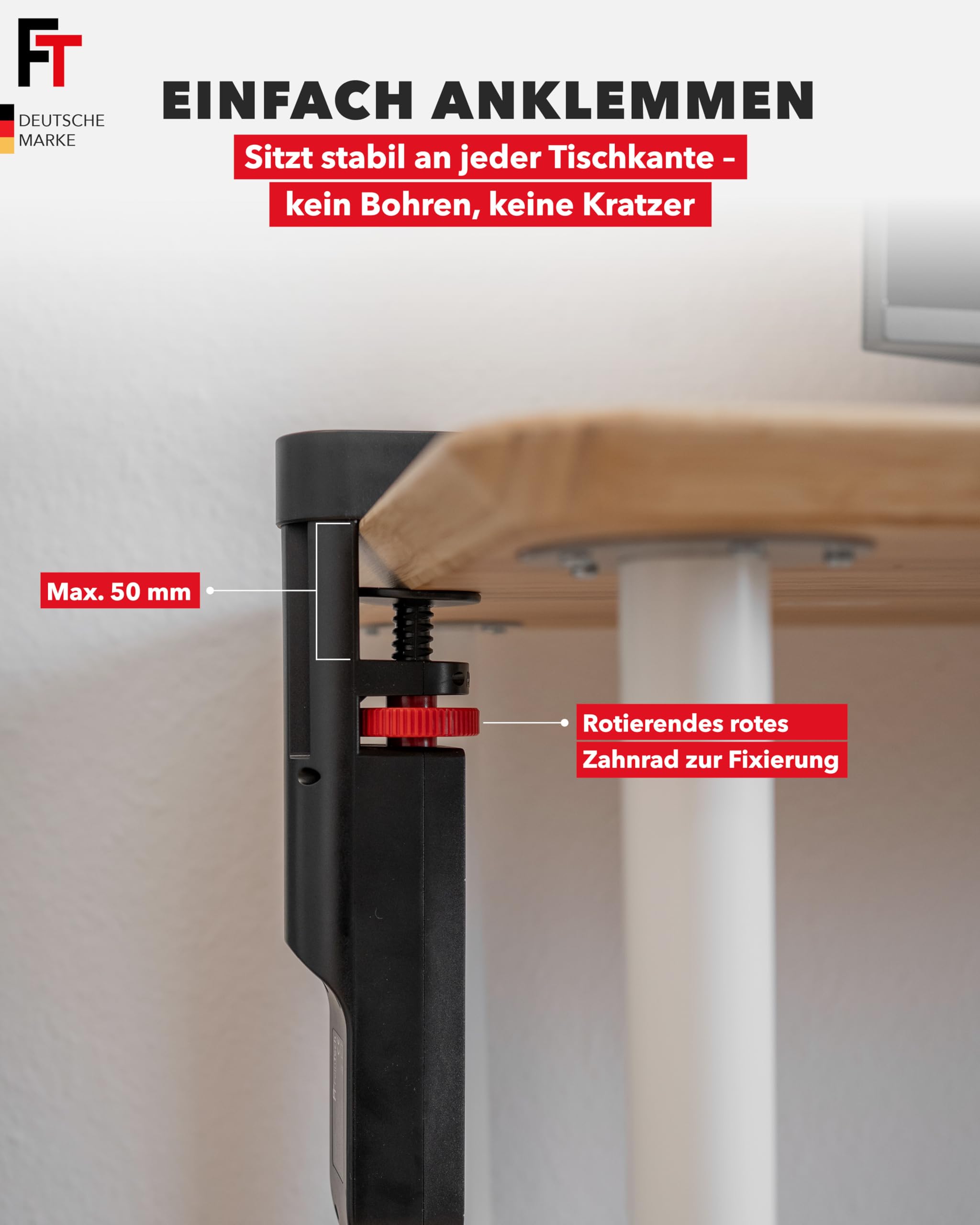FeinTech MD833 Tischsteckdose klemmbar 3 Fach Steckdose mit 2X USB und 1x USB-C PD (20W), Steckdosenleiste Schreibtisch mit Schalter, 3m Kabel, schwarz